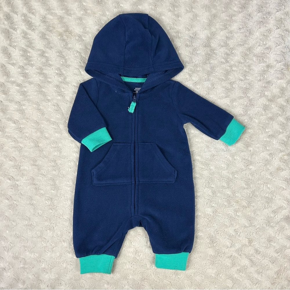 Amazon Essentials Fleece Hooded Romper Size Newborn Green Blue